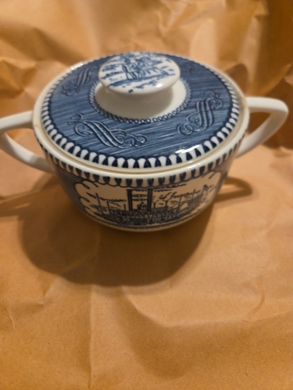 VTG Royal CURRIER & IVES BLUE Steamboat Ctr SUGAR BOWL & LID